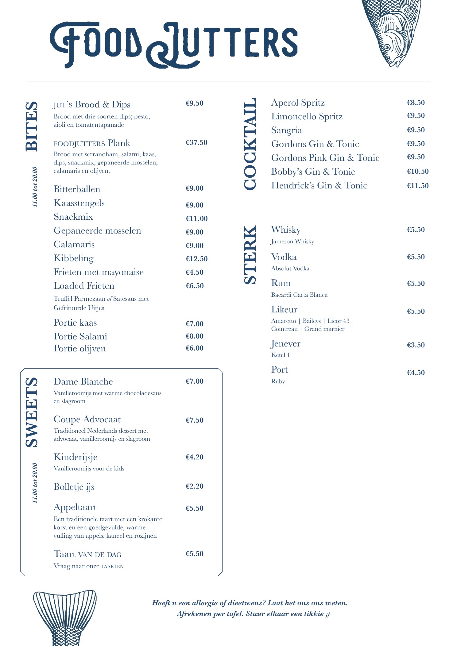 FoodJutters menukaart: bites, cocktails, sterke dranken en sweets