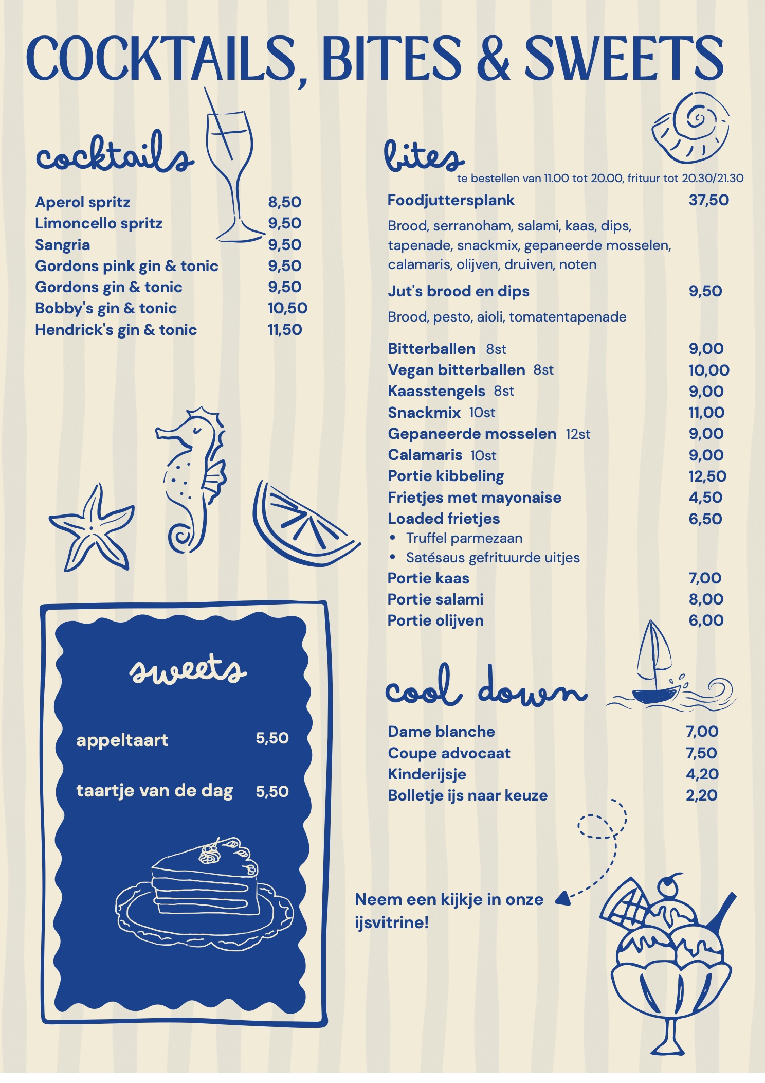 FoodJutters menukaart: cocktails, bites, sweets en ijs