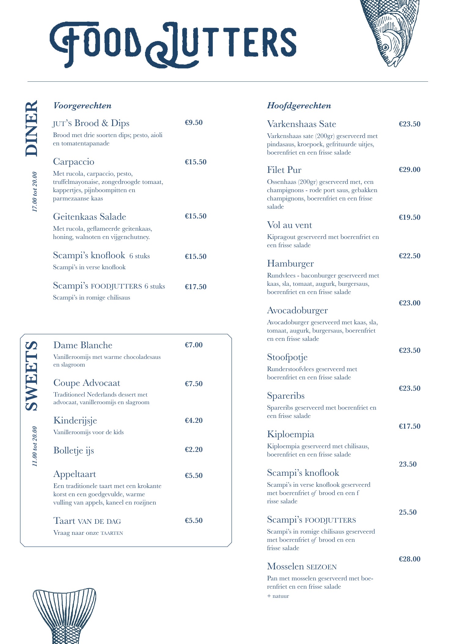 FoodJutters menukaart: voorgerechten, hoofdgerechten en sweets