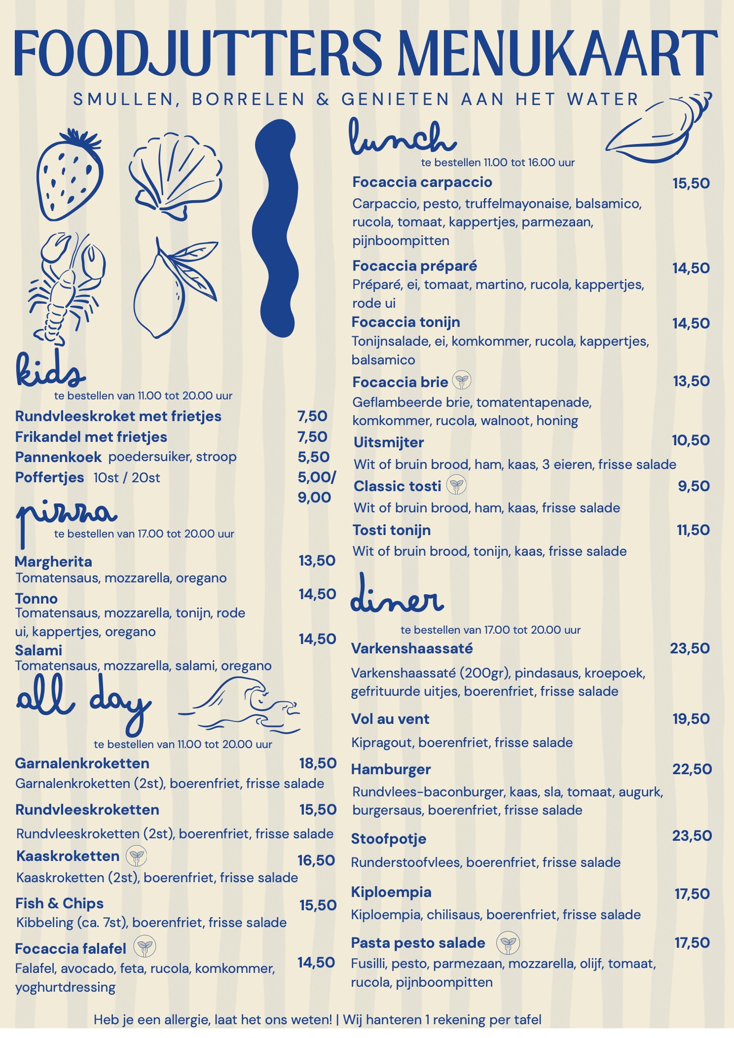 FoodJutters menukaart: lunch, diner, kids, pizza en all day