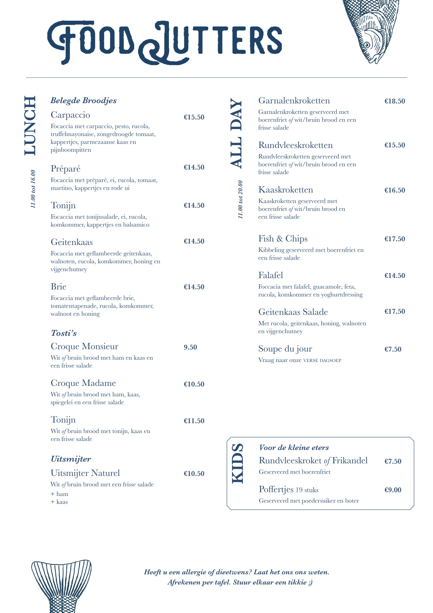 FoodJutters menukaart: belegde broodjes, tosti’s, uitsmijters, all day gerechten en kids