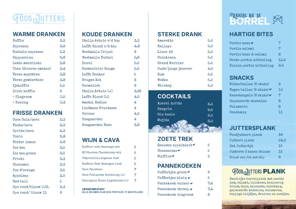 FoodJutters menukaart: warme en koude dranken, sterke drank en borrel