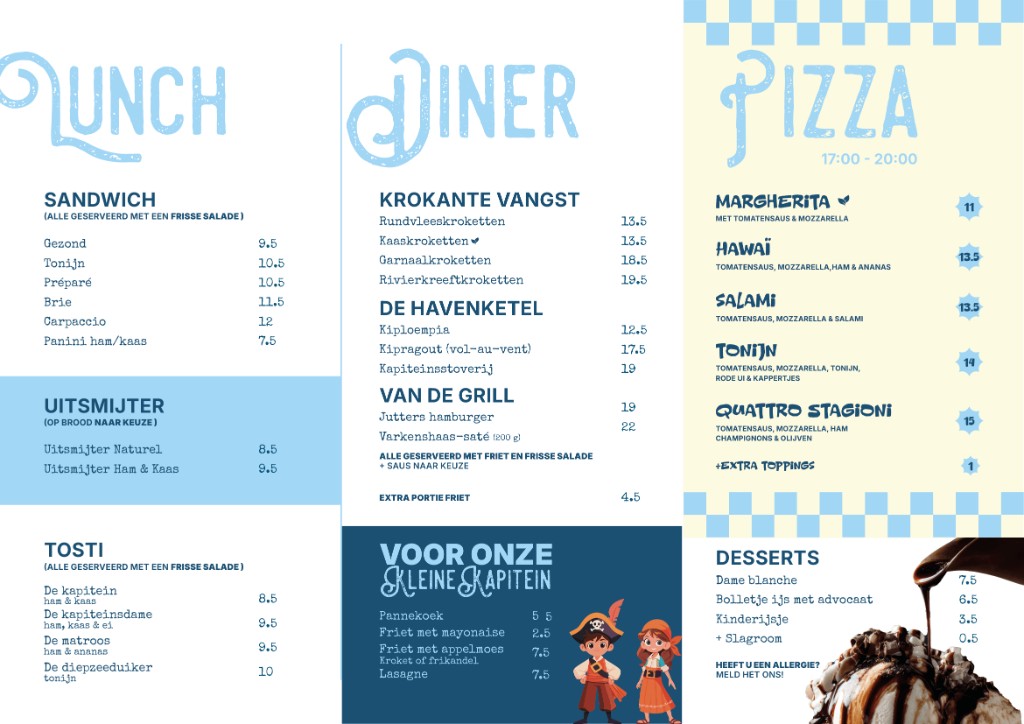 FoodJutters menukaart: lunch, diner, pizza en desserts